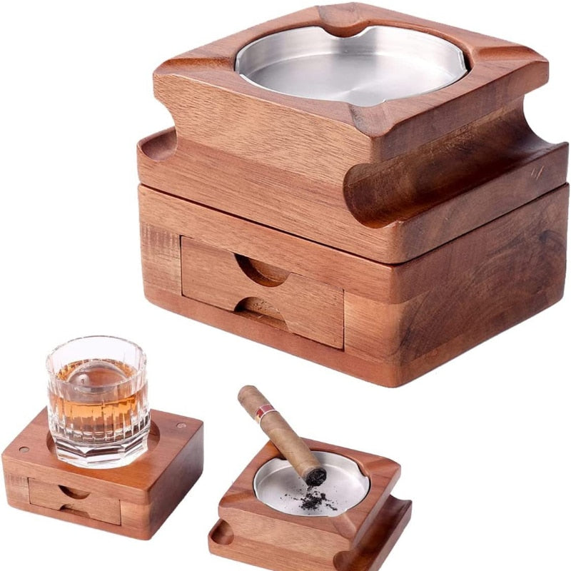 Wooden Cigar Ashtray w/ Detachable Coaster
